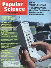 The cover of a 1970s edition of Popular Science with the cover photo of a 1970s mobile phone